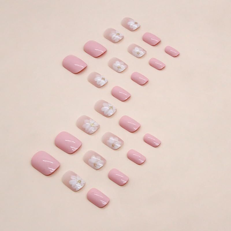 Pink Press on Nails Short Nail Press on Nails for Girls Cute 231110 white&pink