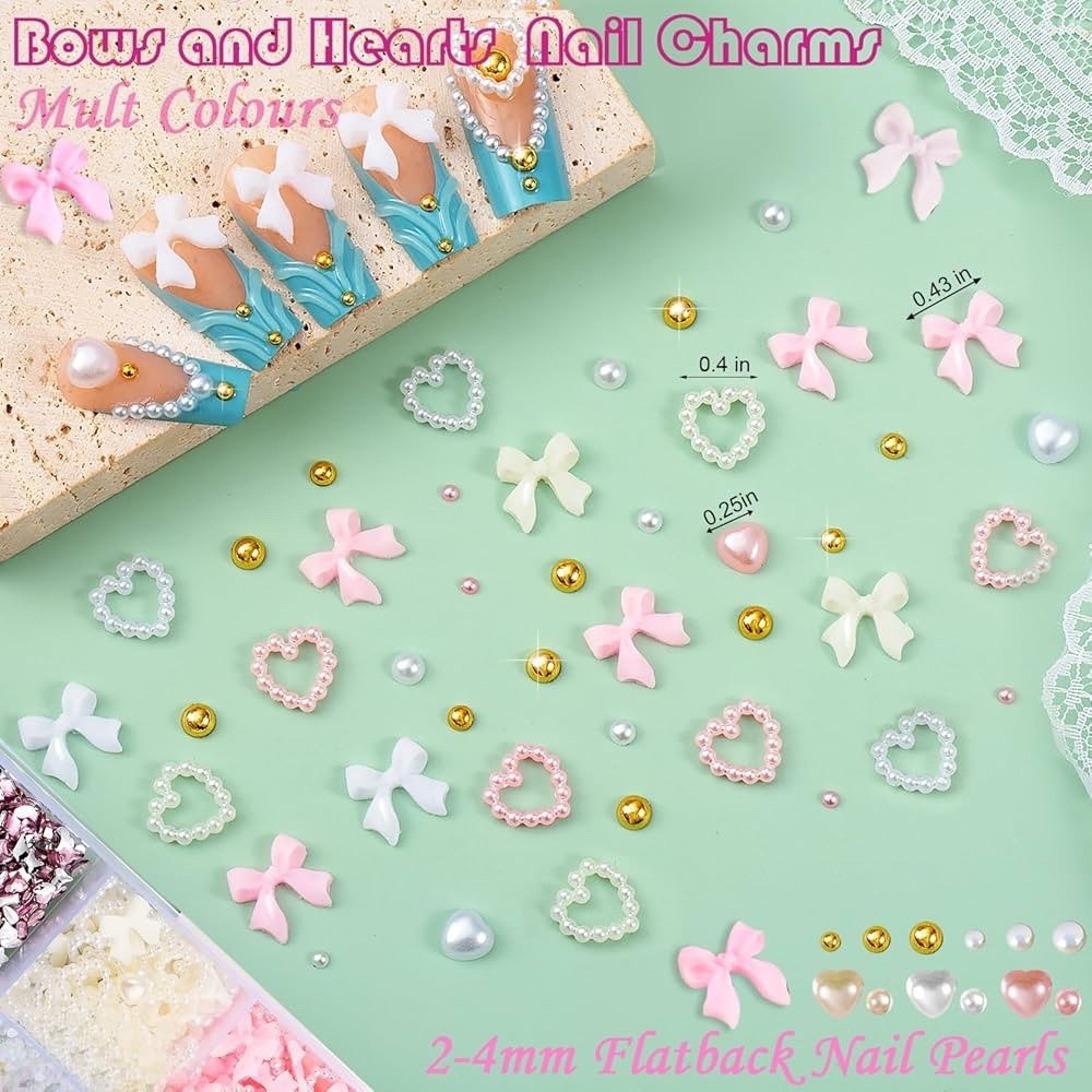 10000pcs Nail Charms And Gems, Pink Cute Bow Heart 3D Flower Charms