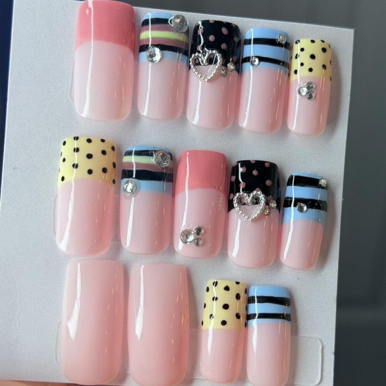 Press-On Nails Pink Black Yellow Blue 3D Medium Square Polka Dot Heart Acrylic