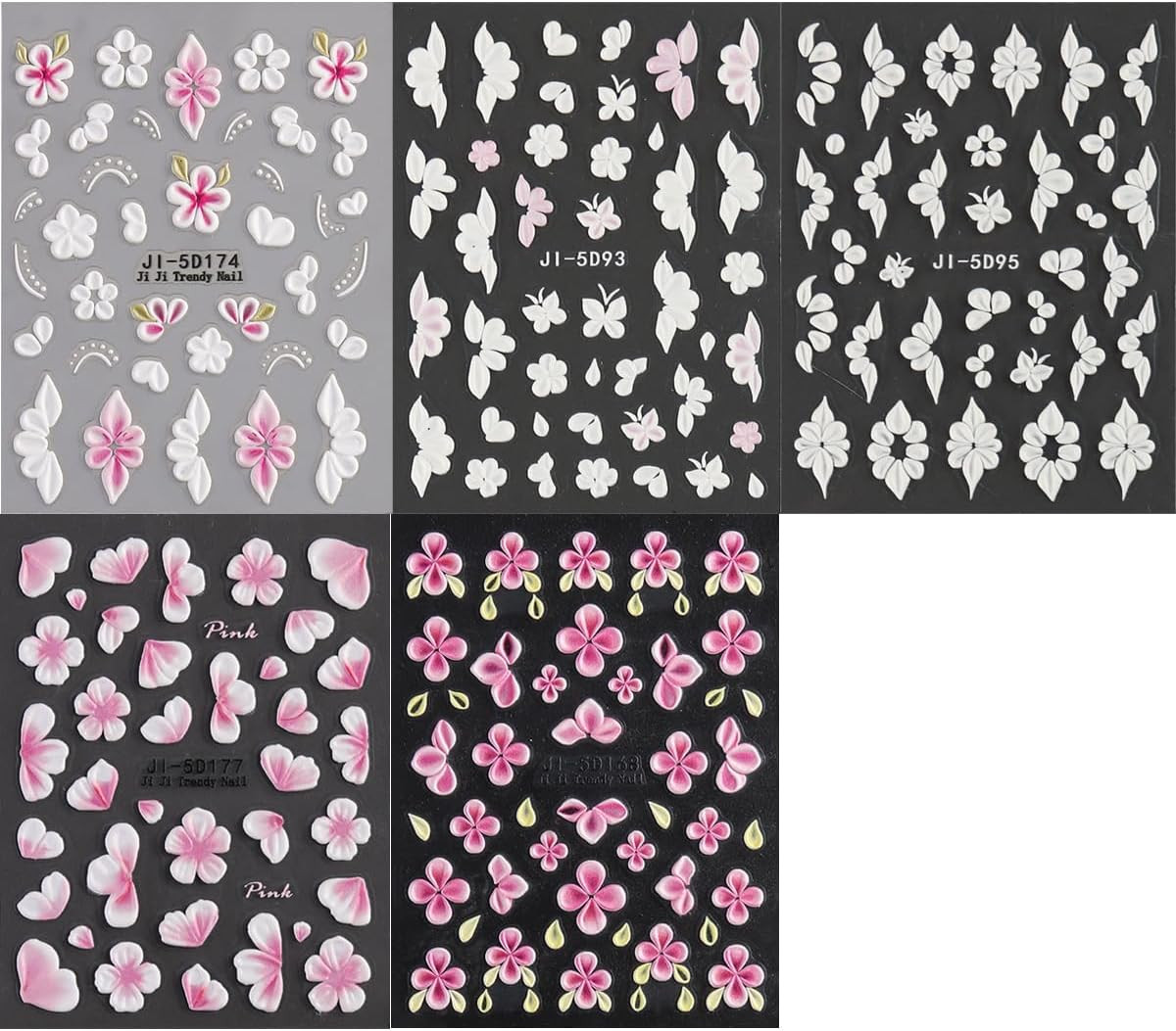 5D Embossed Flowers Nail Art Stickers, 5PCS Self-Adhesive Pink White Flower Stic