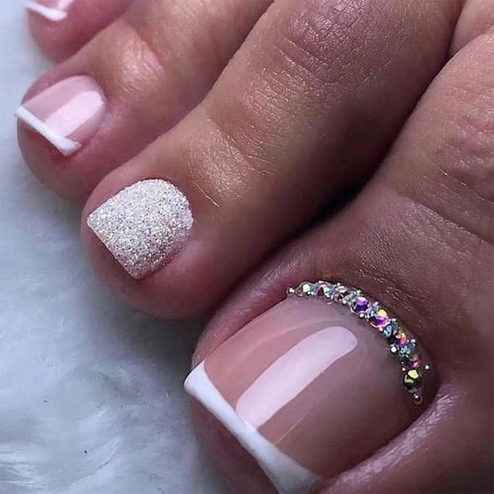 24pcs Glitter Gold Crystal Fake Toenails Simple Nude Pink Press On Toe Nails