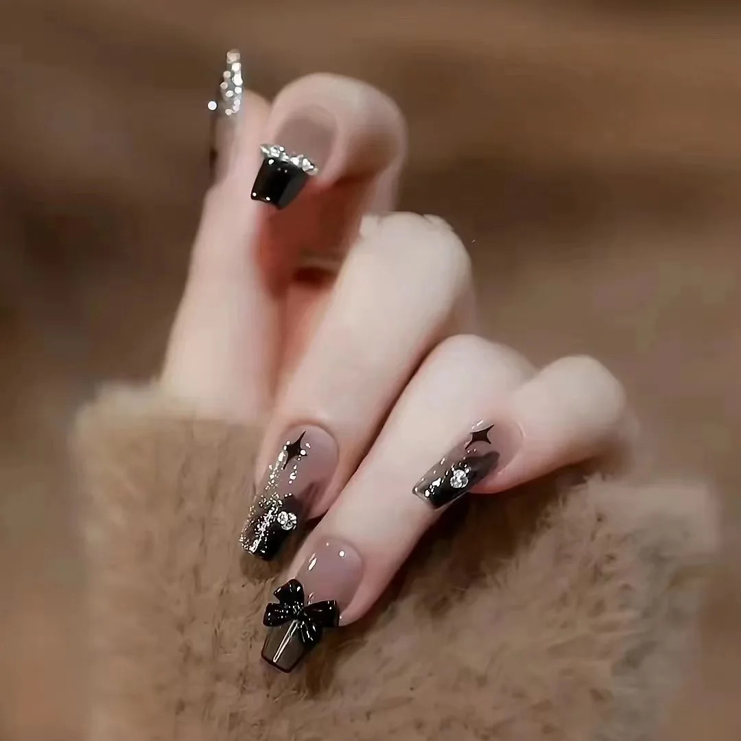 French Glitter Short Square Coffin Press on Nails Full Cover Acrylic Fake