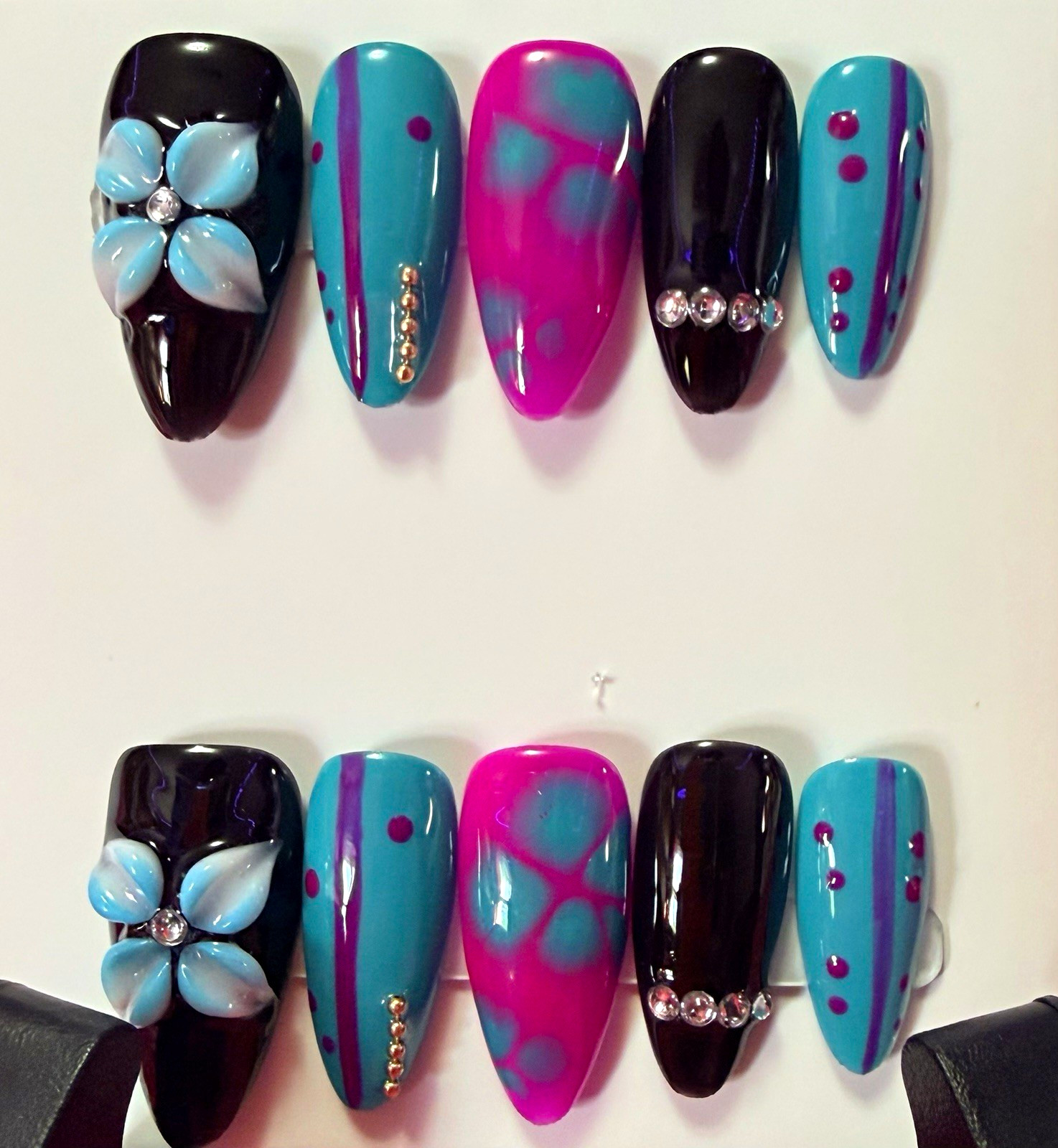 Multicolor 3D Floral Coffin Press-On Nails, Long Shiny Full Cover Pre-Designed