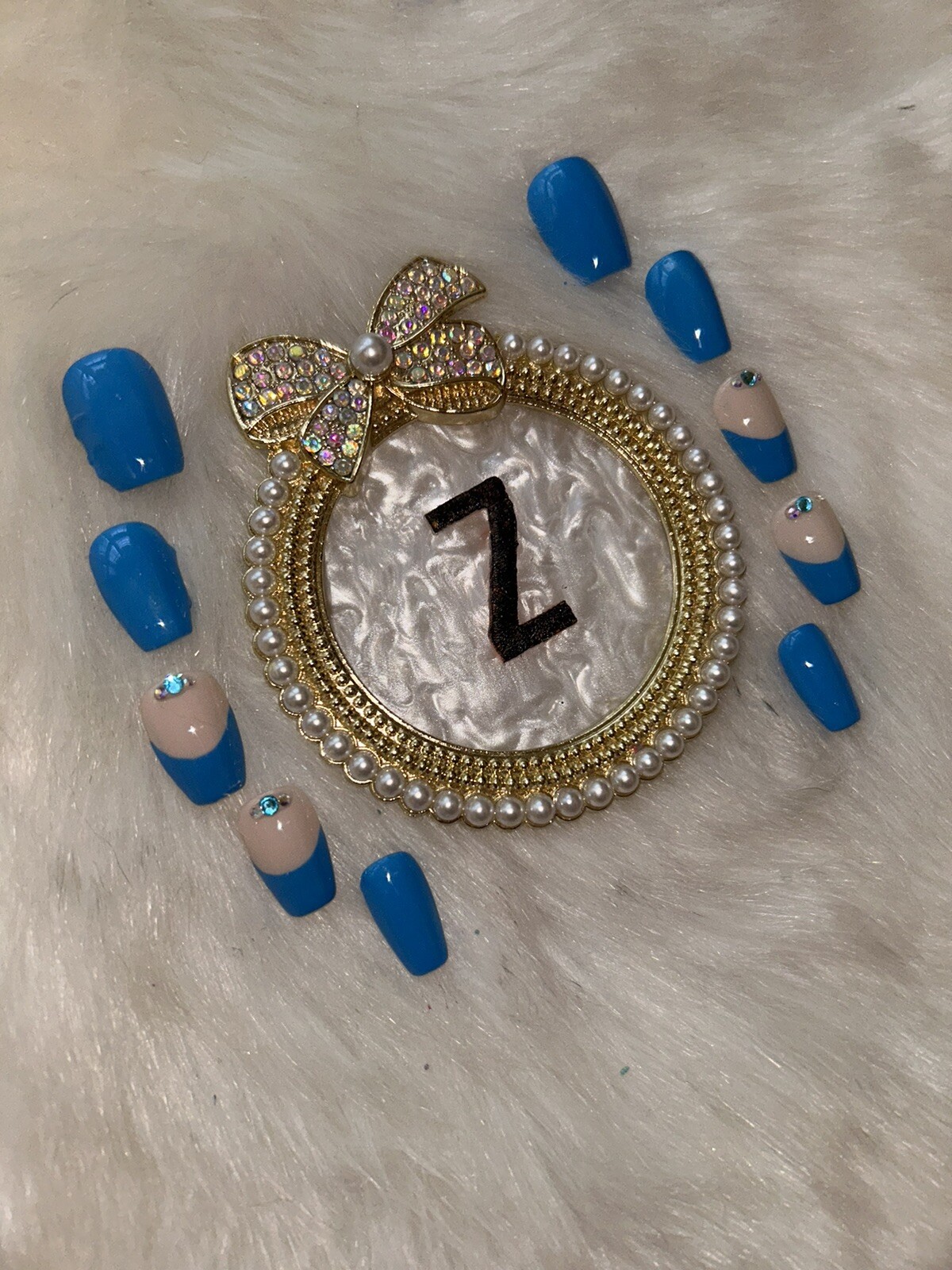 Z NAILZ! Handmade Nude/Turquoise M Coffin Shiny French Press On Nails