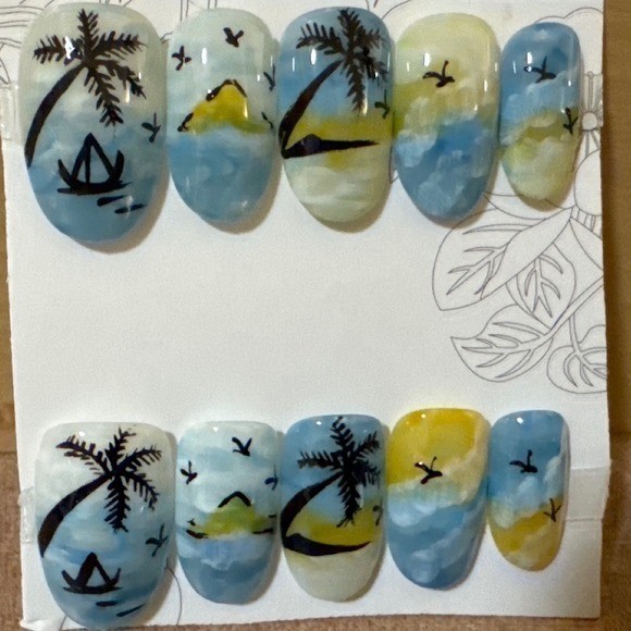 Tropical Beach Palm Tree Hand Painted Press On Nails Blue Yellow Sunset Summer