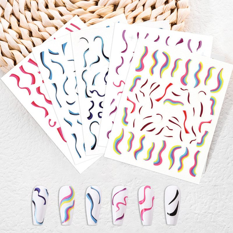 7Pcs Nail Art Stickers Decal Pink White French Line Swirl Wave Geometric NS7