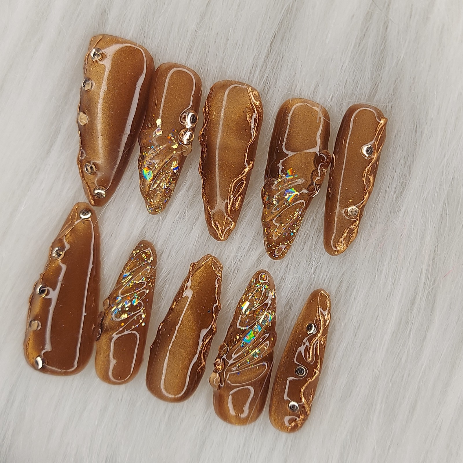 Brown Cat Eye Nails, Gold Chrome Nails