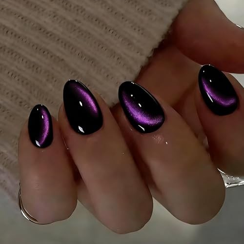 Cat Eye Press on Nails Short – Purple Black Press On Nails Oval, Black Purple