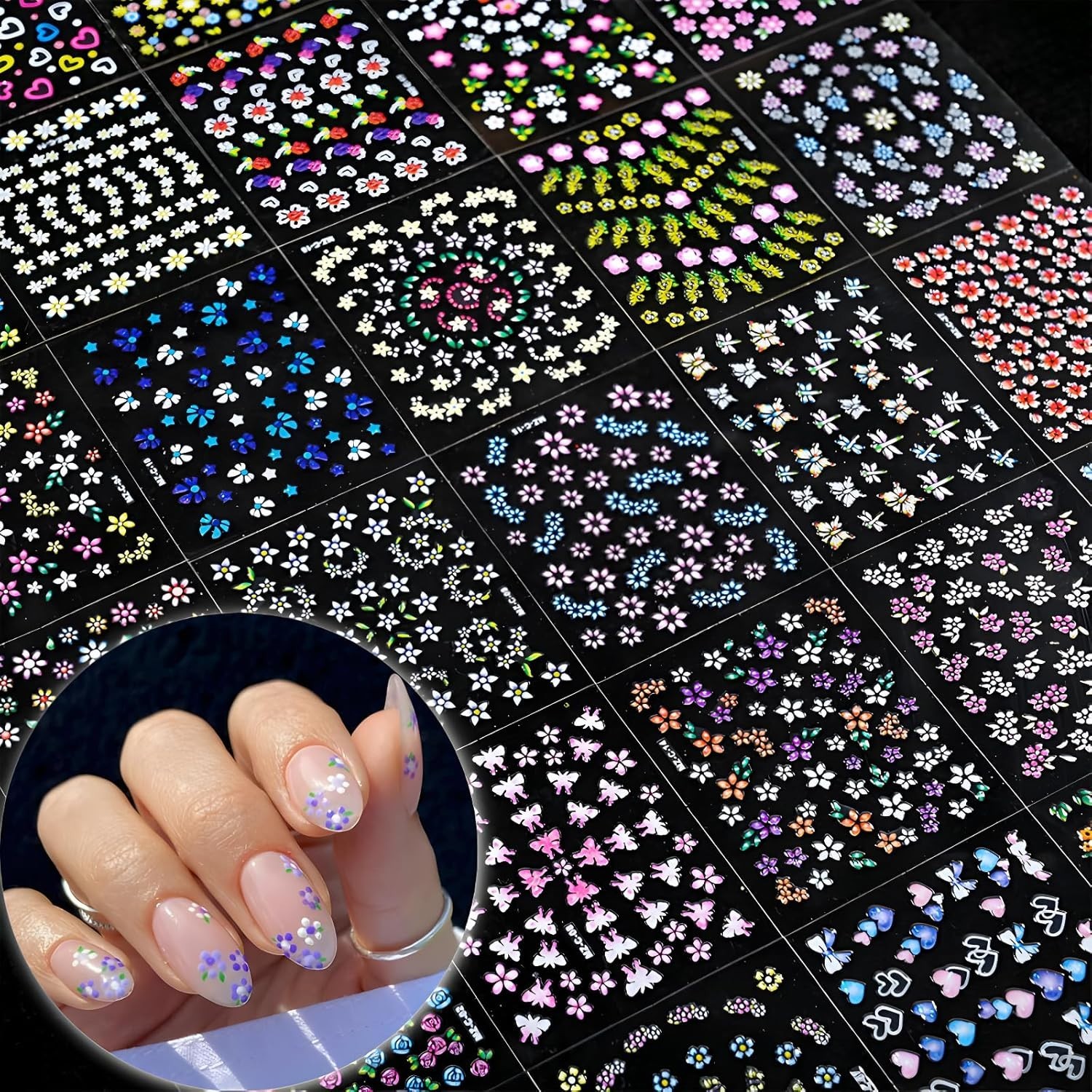 Vibrant 3D Daisy and Heart Nail Stickers – 30 Sheets for Creative Nail Art