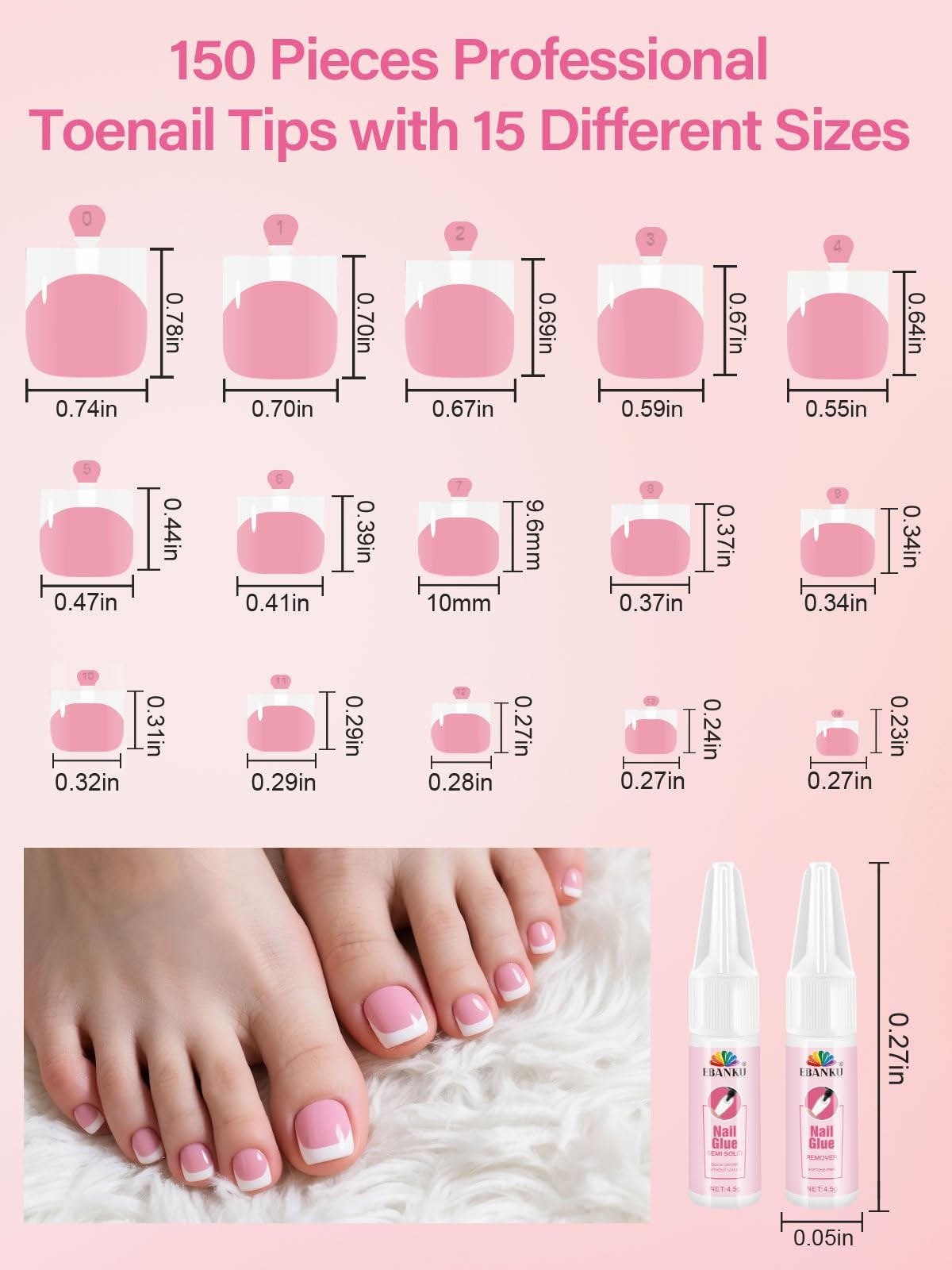 Press On Toenails French Tips, 150 Pieces Short Toe Nail Tips