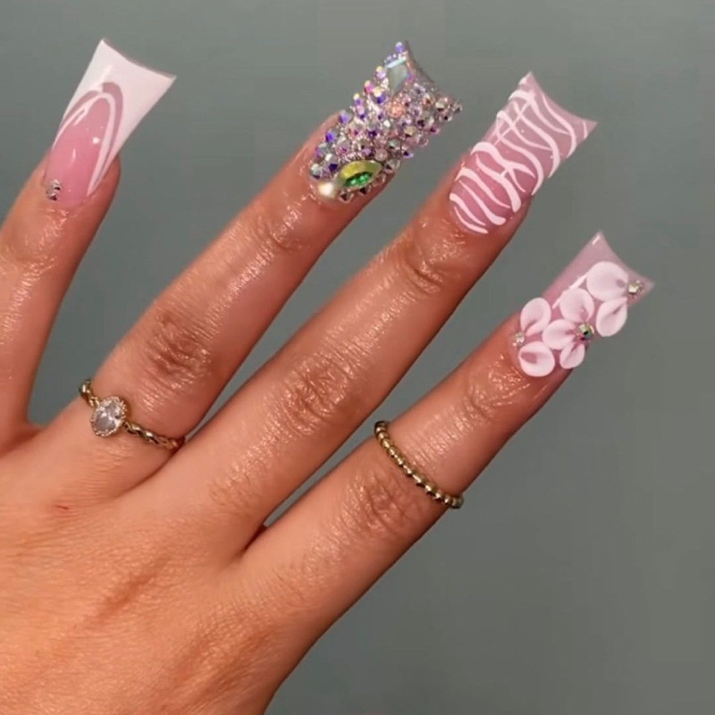 24pcs-Glam Nails with Nude Pink Base, Bling Crystals and Hand-Painted Floral Art