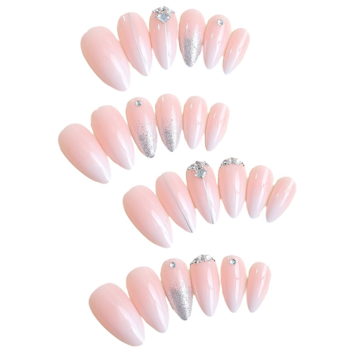 Silver Glitter Press on Nails French Tip Fake Nails Medium Almond False Nail …