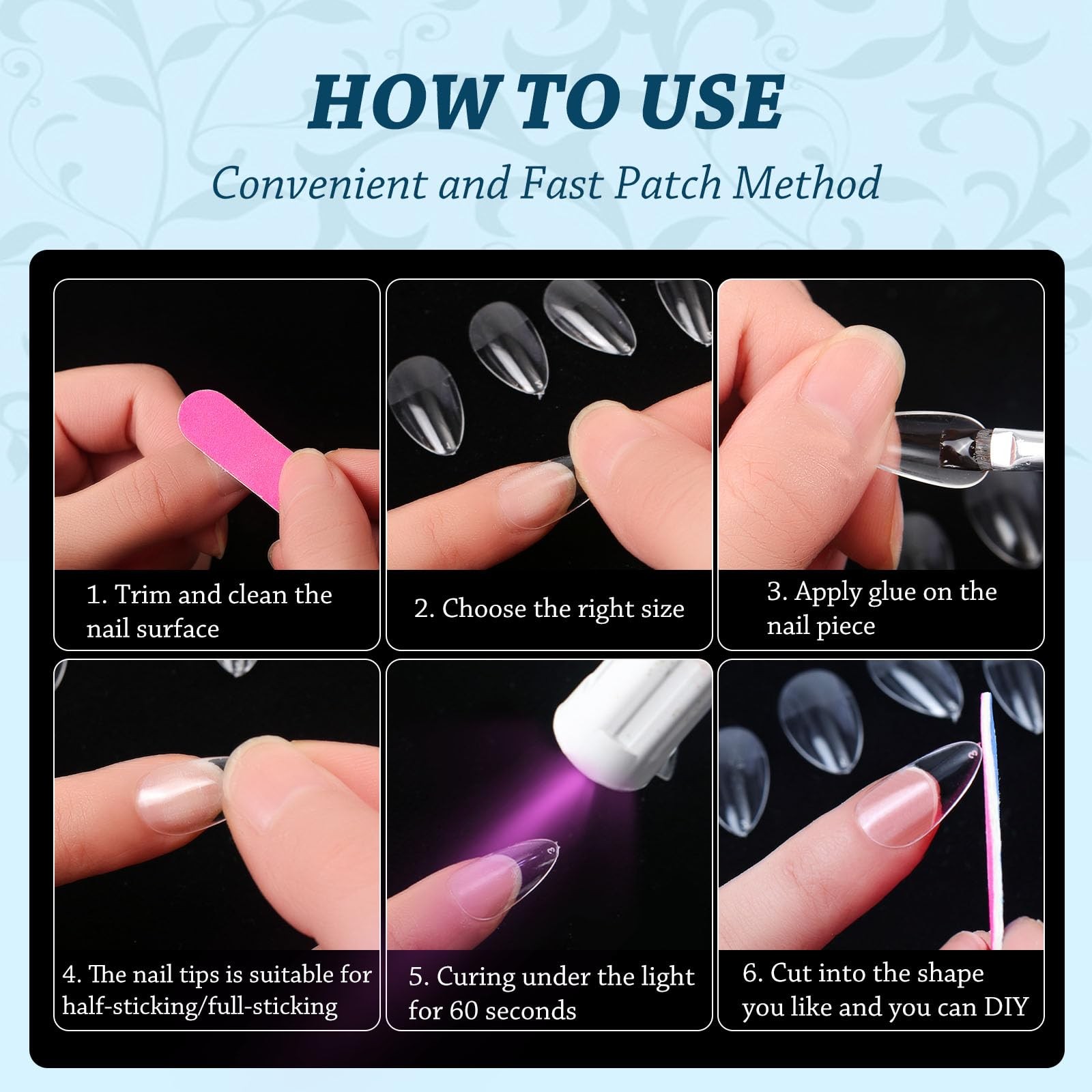 288PC Short Almond Nail Tips Clear Gel Acrylic FullCover Press-On Nails 12 Sizes