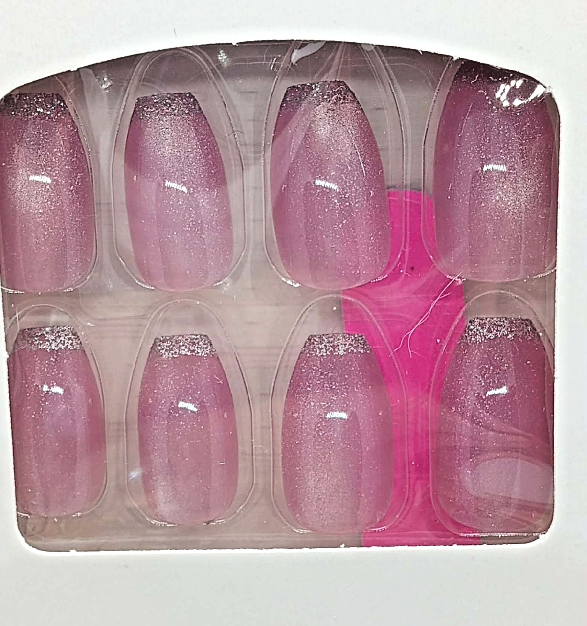 SIZE LARGE, long pink silver french tip cats eye Almond press on nails