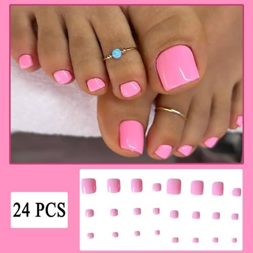 24 Pcs Press on Toenails Short Square Fake Toe Nails Baby Solid Color Hot Pink