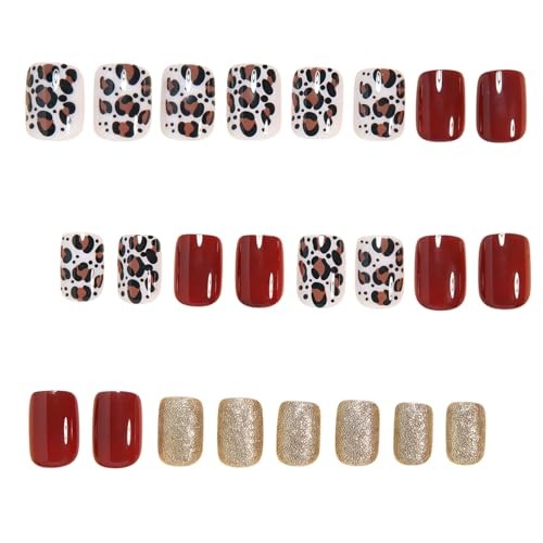 Wine Red Press on Nails Extra Short Square Fake Nails Gold Wine Red Leopard