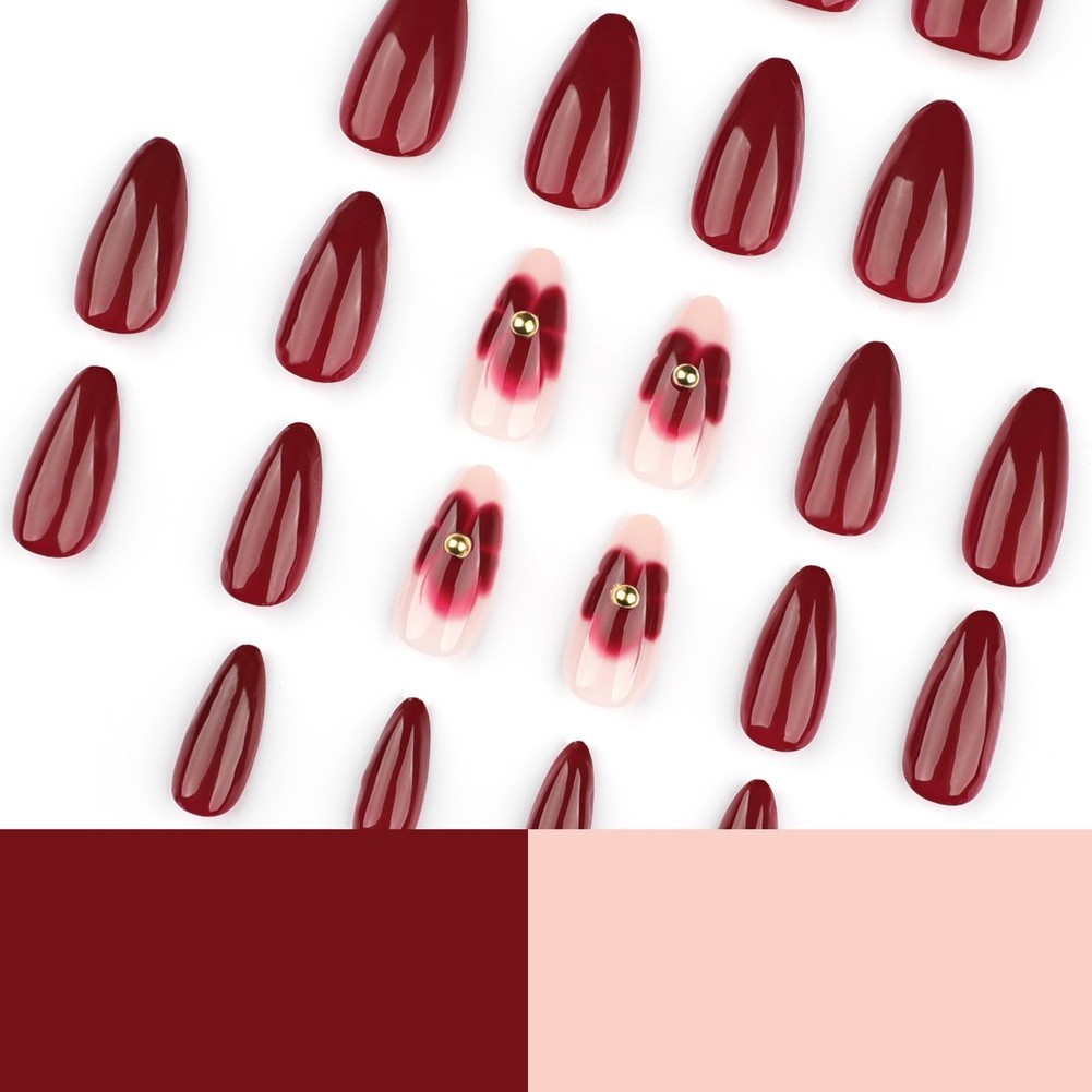 Maroon Red Almond Press On Nails Minimalist Floral – 24 Pieces Short Nail Art