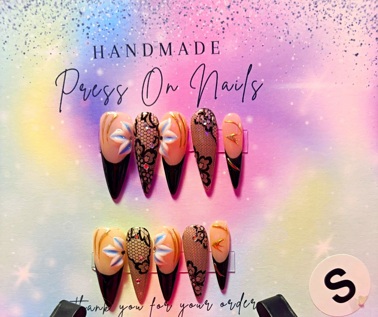 Handmade Black/Nude/Gold 3D Floral Stiletto Press-On Nails, Long, Pre-Designed