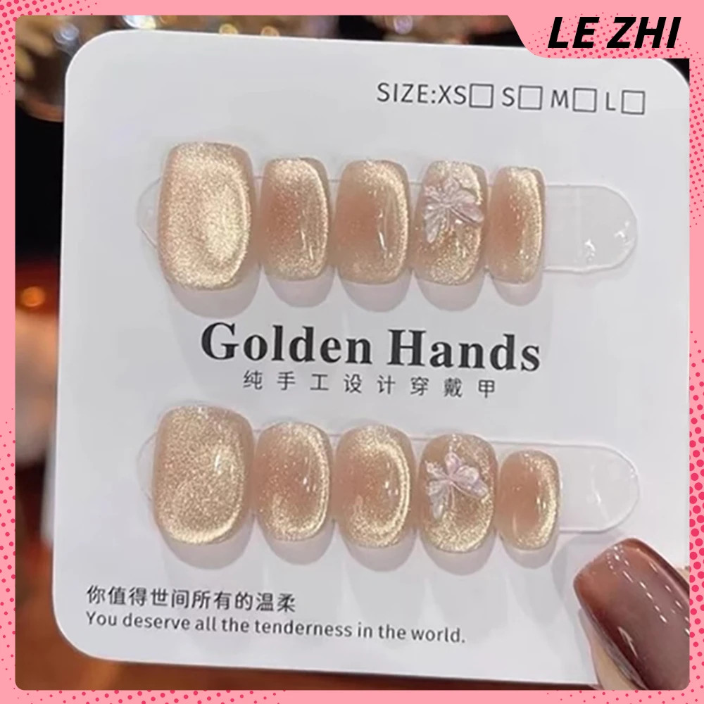10Pcs Handmade Press on Nails Short Square Round Cat Eyes Sequins Diamond Bow