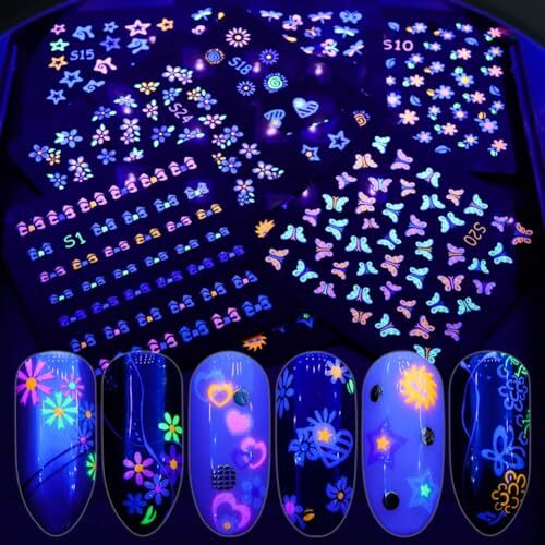 EBANKU 24Sheets Fluorescence Nail Art Stickers Decals 3D Self-Adhesive