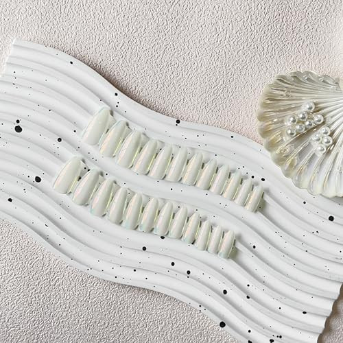 Translucent Pearl White Chrome Press on Nails Medium Long almond pearl white