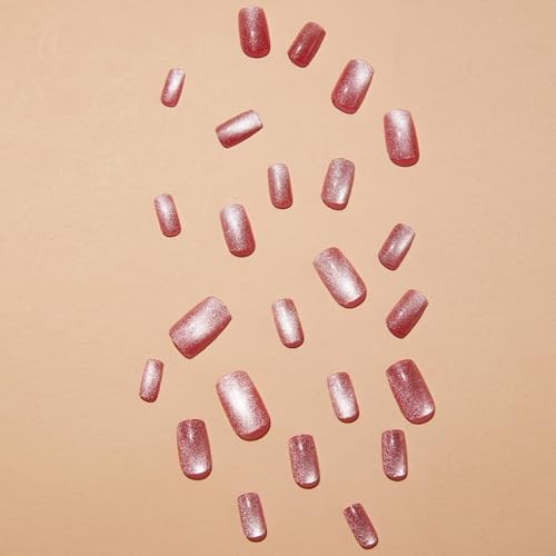 Pink Cat Eye Press on Nails Medium Square Fake Nails Glitter Short Style-5