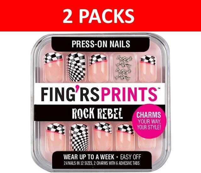 2x FING’RS PRINTS Press-on Nails, NO GLUE NEEDED Rock Rebel Check 31045 (2-PACKS
