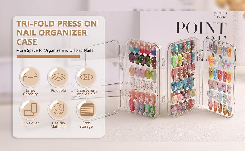 Press On Nail Organizer Case, Tri-Fold Clear Acrylic Empty Press On Nail Storage