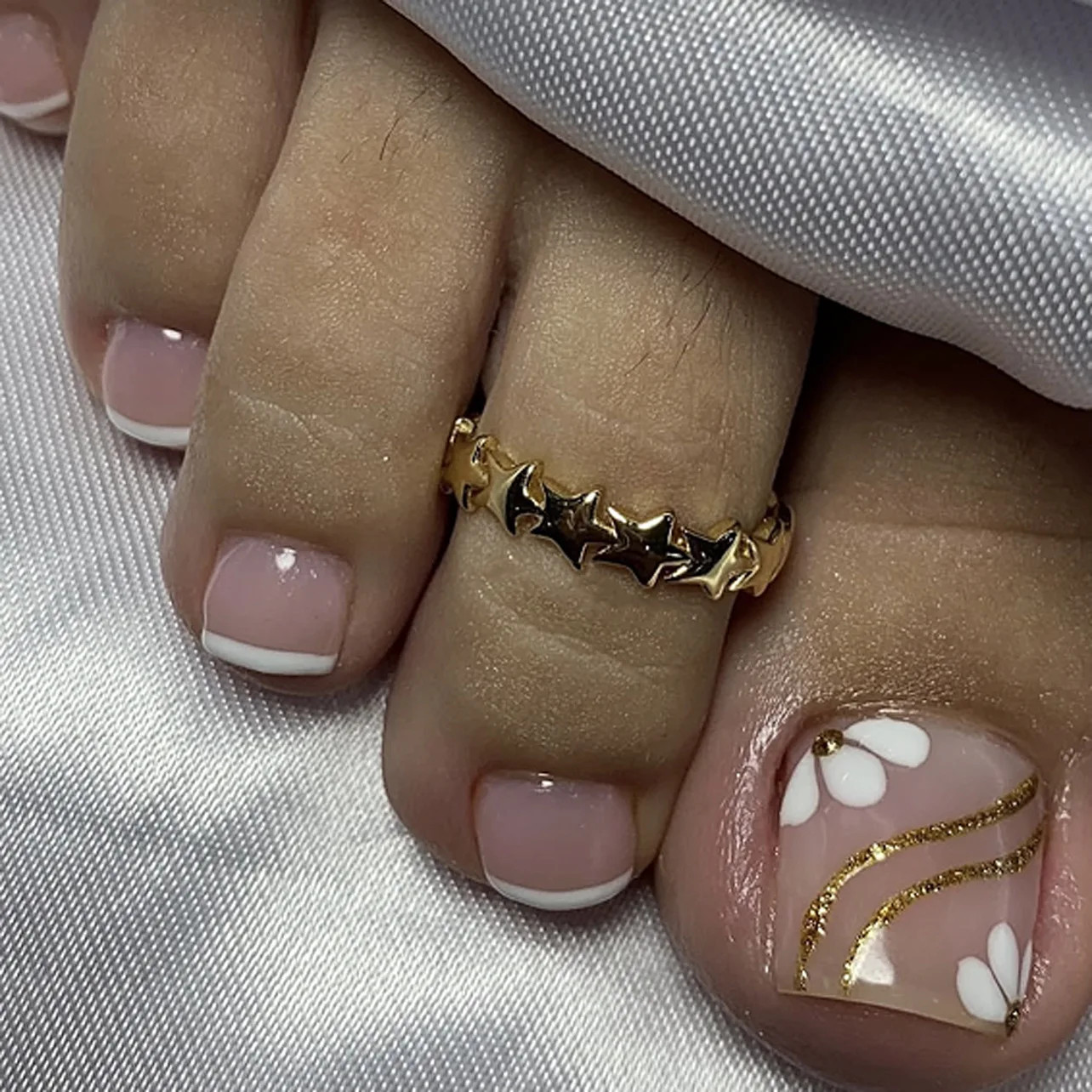 24pcs Gold Edge French Nude Pink Press On Toenails