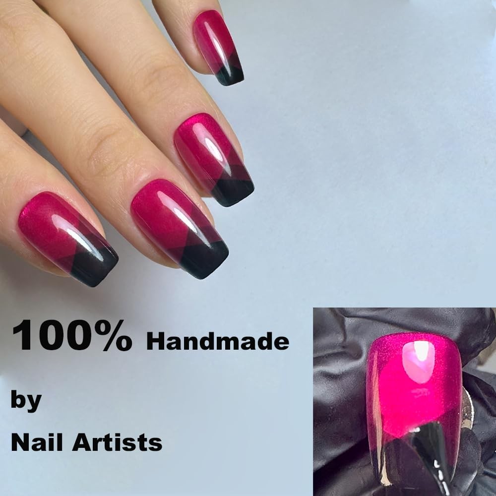 24PCS Handmade Short Coffin Glossy Press On Nails, Black and Pink Salon Quali…