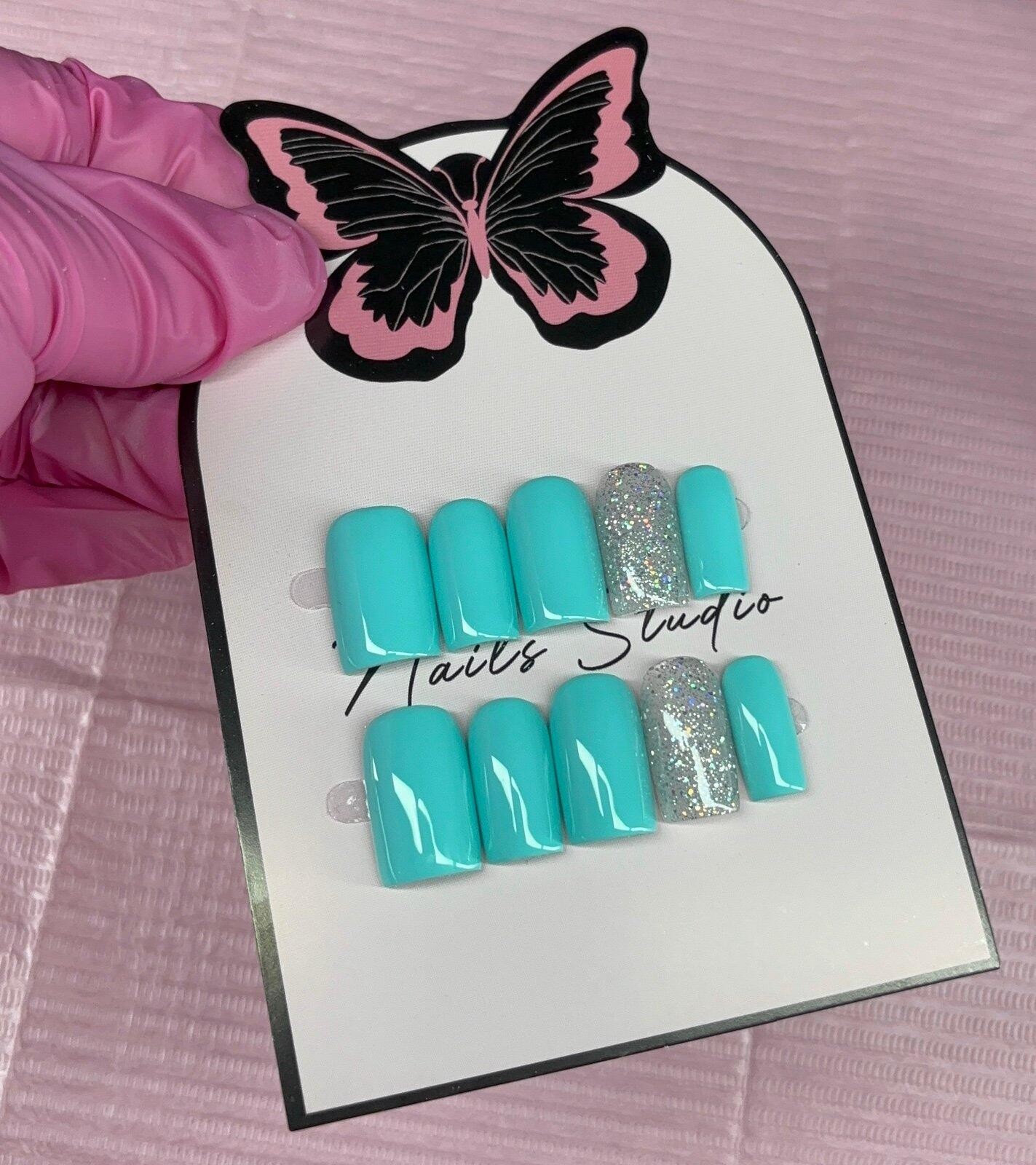 Short square Press on nails silver glitter teal light blue handmade custom gel