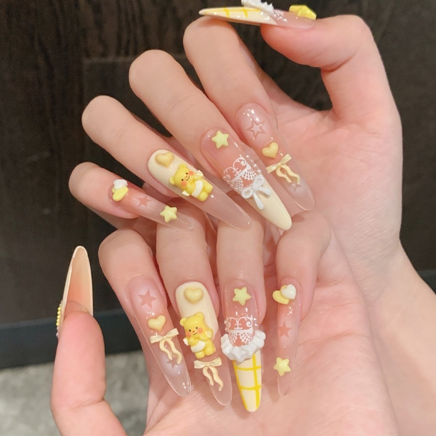Long Stiletto Press-On Nails Full Cover Shiny Yellow Nude White Bear Set