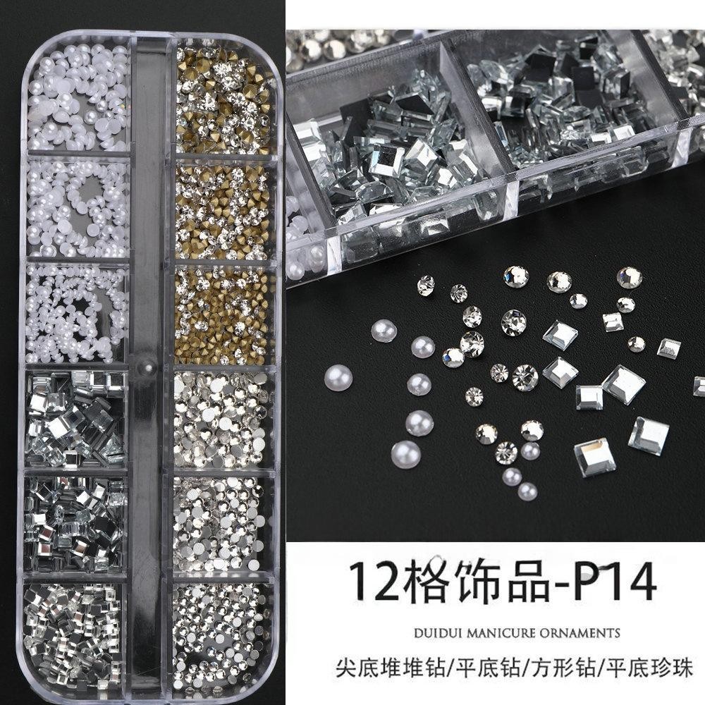 12 Grid Mixed Nail Art Supplies, Beads Flatback Rhinestones Iridescent Charms