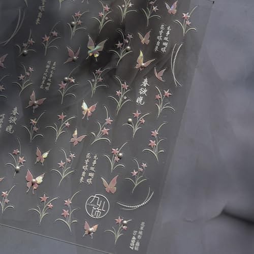 Pink Butterfly Nail Decals Stickers with 3D Pearl Design Spring Nail stickers10