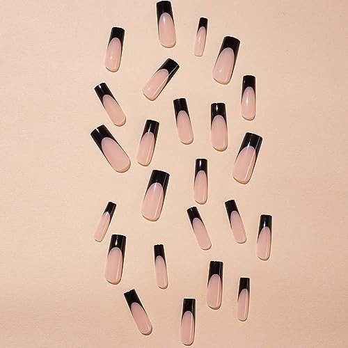 French Tip Press on Nails Long Coffin Black Fake Nail with Design on Nail for