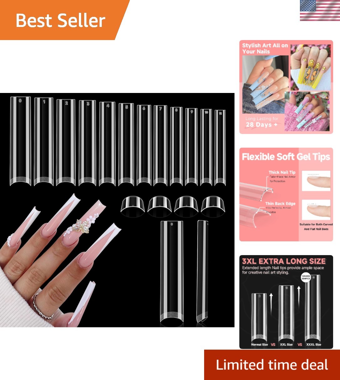 Extra Long 3XL Clear Gel Nail Tips – 504PCS No C Curve Half Cover Collection