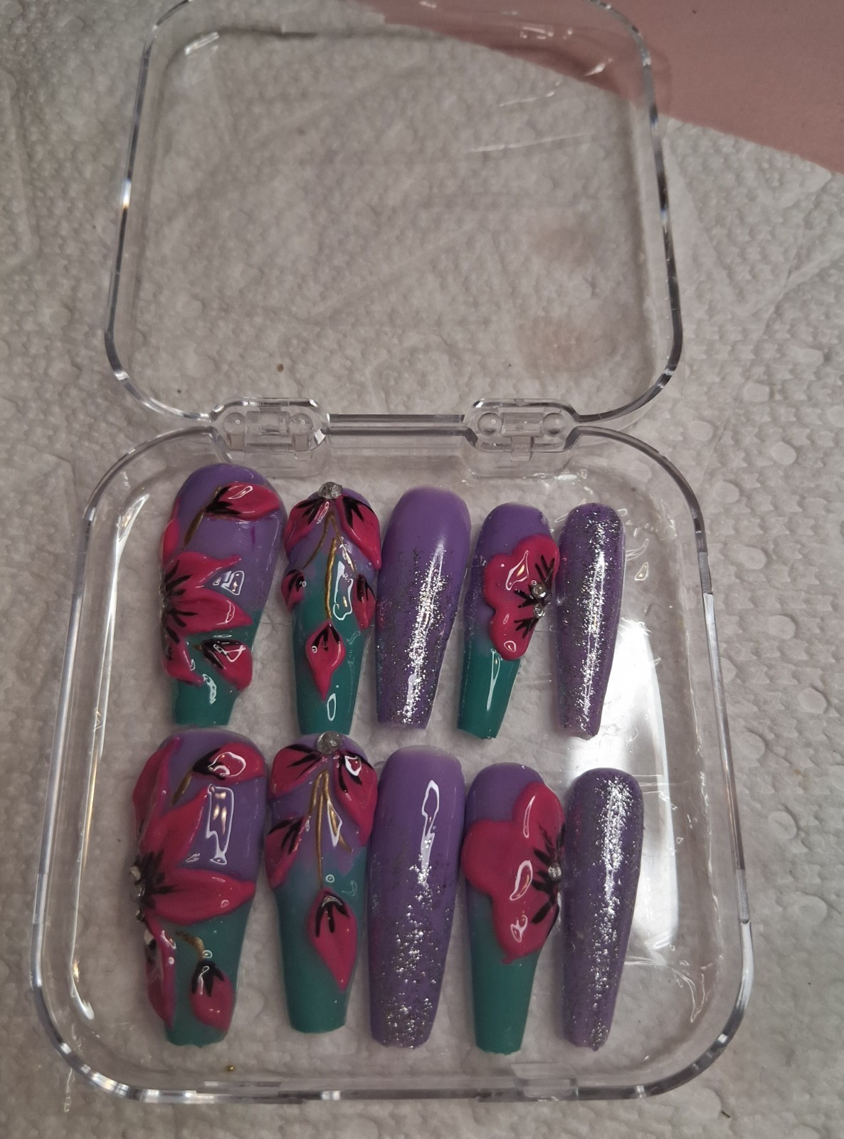 purple green pink floral glitter long coffin coffin press-on nails set
