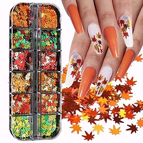 12 Grids Fall Maple Leaf Nail Art Glitter Sequins 3D Holographic Nail Art