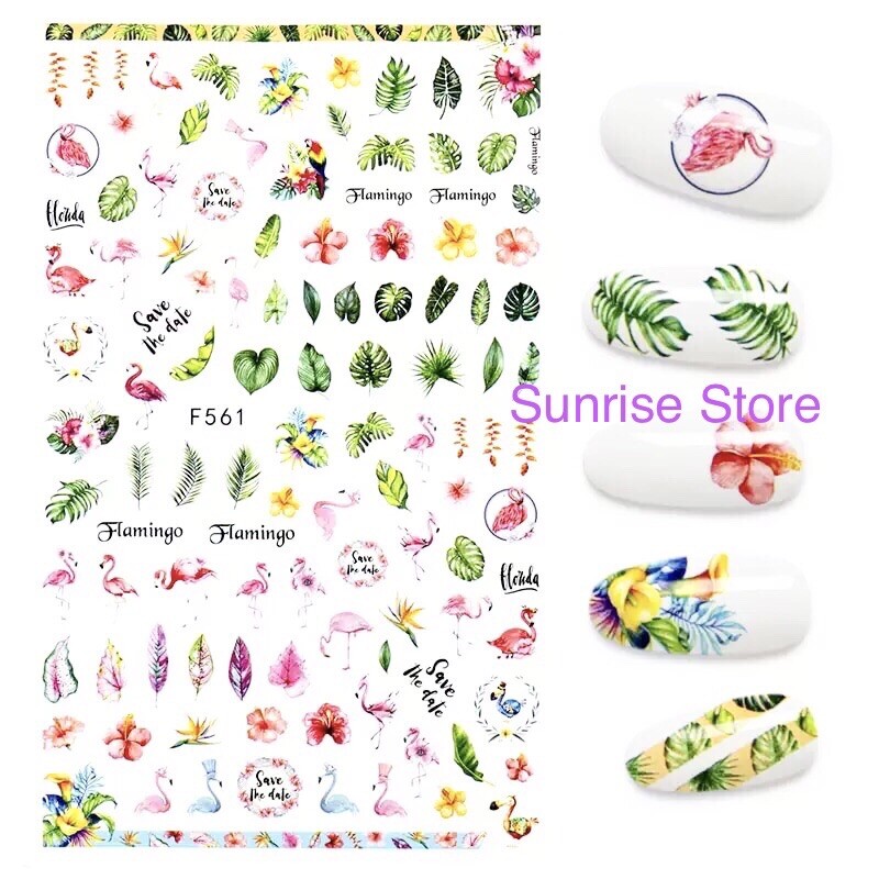 3D Nail Art Sticker 561 Summer Palm Tree Flamingo Topical Leaf Decals Manicure