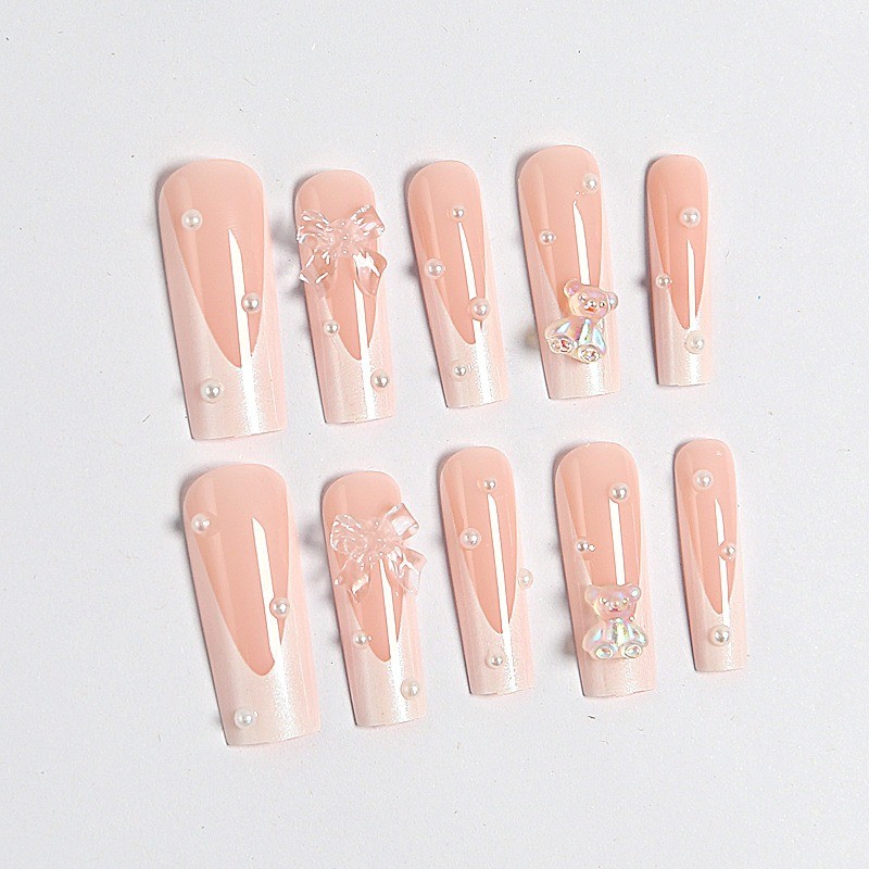 48pcs-Kawaii Long Coffin Nails with Nude Pink Base, White Tips and Bear Charms