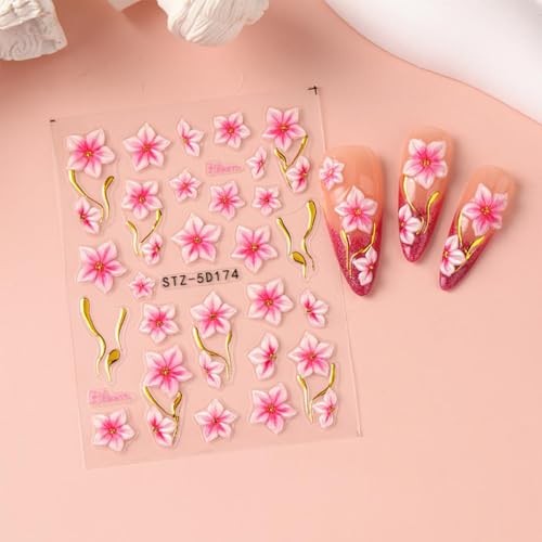 Flower Nail Stickers 3D Self-Adhesive Embossed Pink Floral Nail Colorful Flower