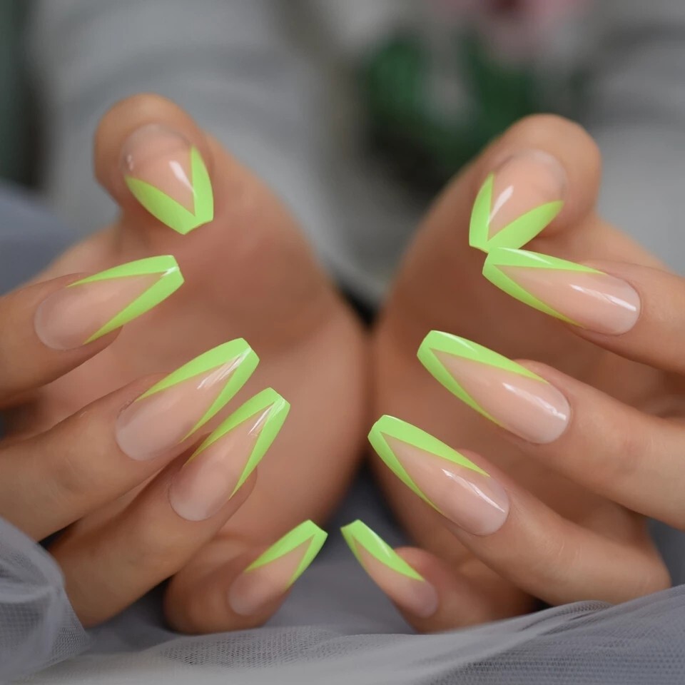 24 Nude French rim neon green border press on nails kit glue v shape