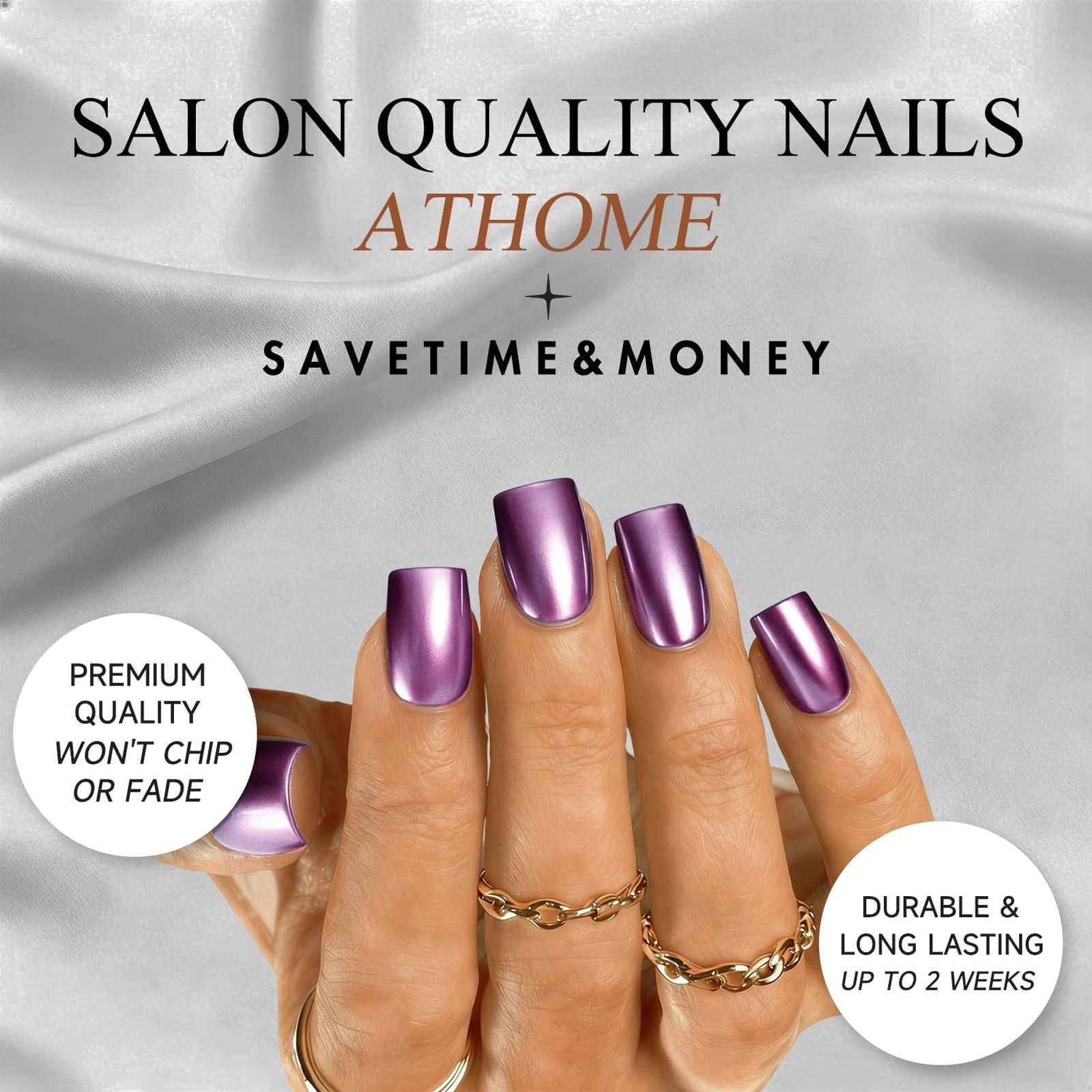 JOYVVEW Chrome Purple Square Press On Nails