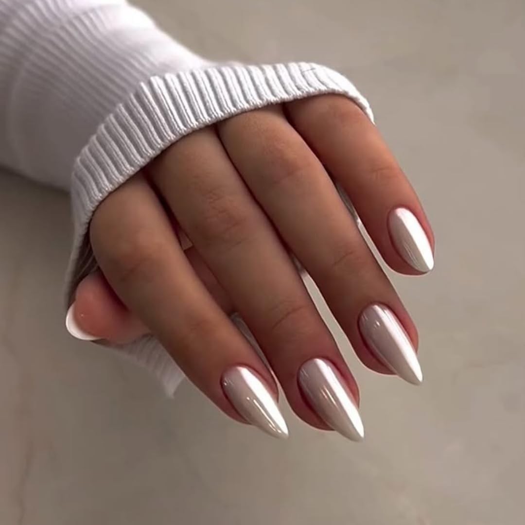 Translucent Pearl White Chrome Press on Nails Medium Long almond pearl white