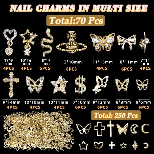 320 Pcs 3D Gold Nail Charms, Cross Snake Star Heart Dangle Nail Gems color-S1