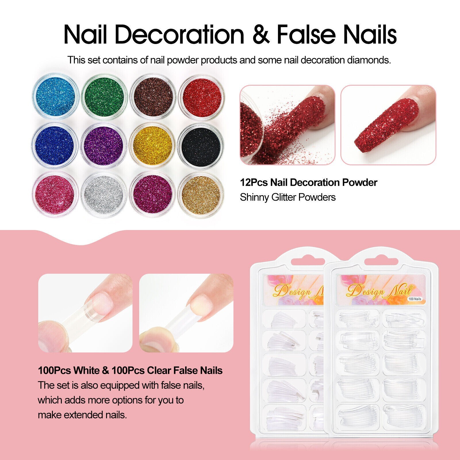 21 Nail Kit Acrylic Powder Glitter Beginner Art Manicure Tool Tips Brush Set