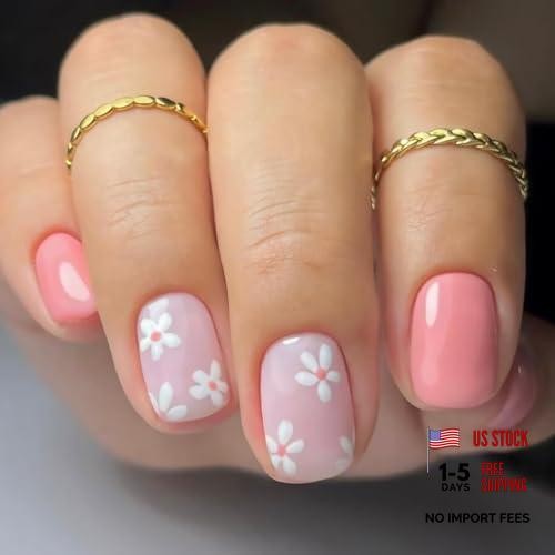 White Flowers Press on Nails – Short Square Fake Nail – Pink Floral Design