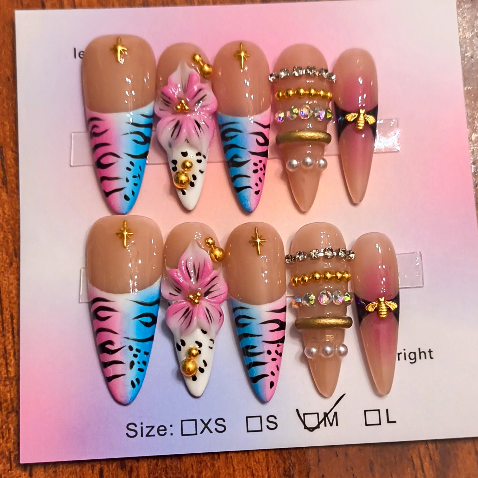 Press-On Nails Medium Stiletto Multicolor 3D Flowers Rhinestone Pearl