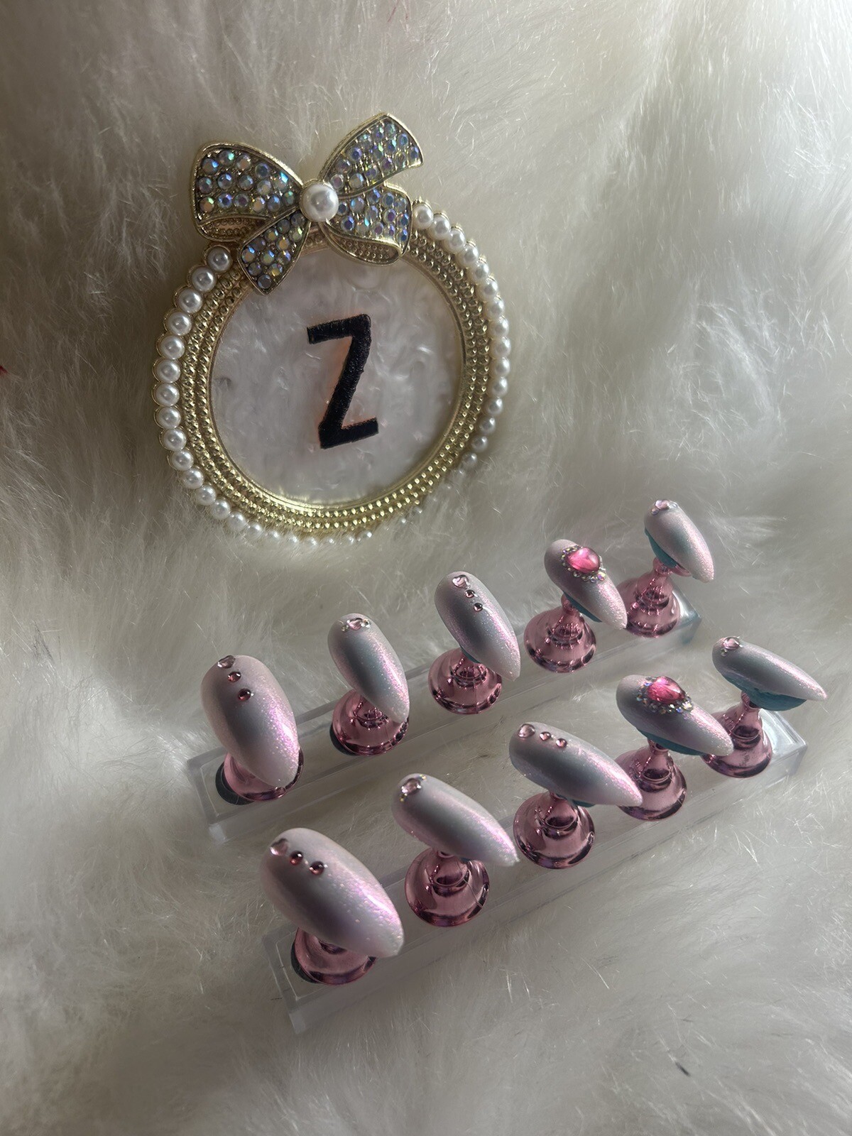 Z NAILZ! Handmade M Oval Pink Iridescent Press On Nails With Pink Stones