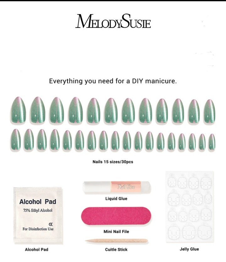 2x Melody Susie Nail Lot: Red Cats Eye Finish+ Green Deco Press On Kit